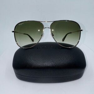 New! Salvatore Ferragamo Gold/Green Oversized Aviator Sunglasses with Case